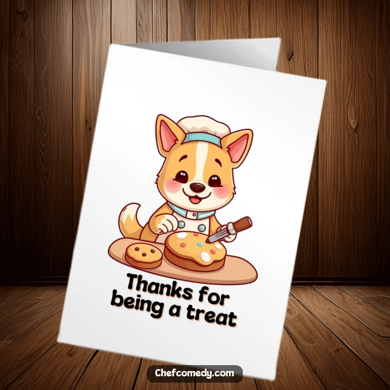 Funny Free Printable Thank You Card features a dog chef happily decorating a cookie, sweetly saying thanks.