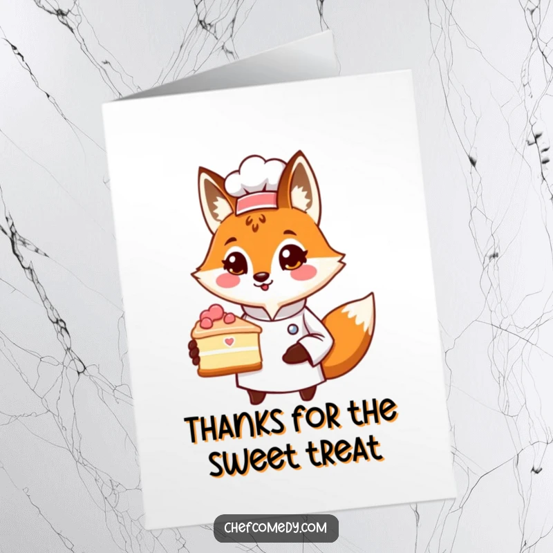 Funny Free Printable Thank You Card features a fox chef proudly presenting a cake slice, saying thanks warmly.