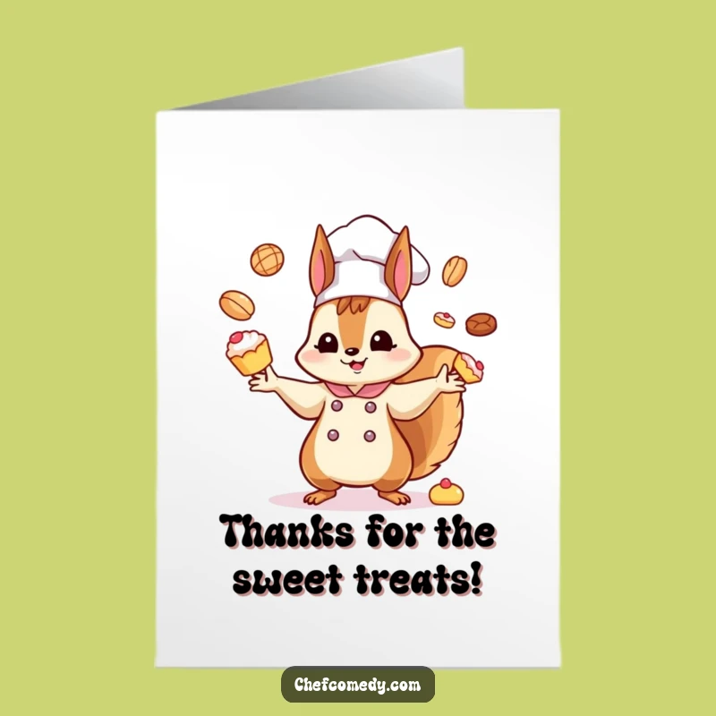 Free Printable Thank You Card: Kawaii Squirrel Chef Juggling Pastries Funny Downloadable Gift