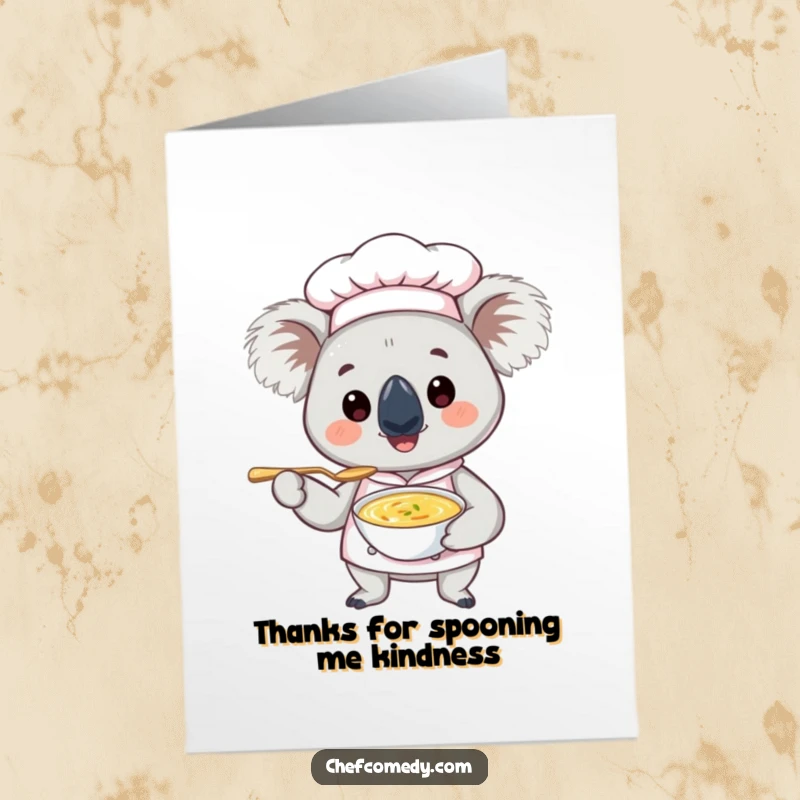Funny Free Printable Thank You Card: A happy koala chef with a tiny spoon, perfect for a downloadable thank you.