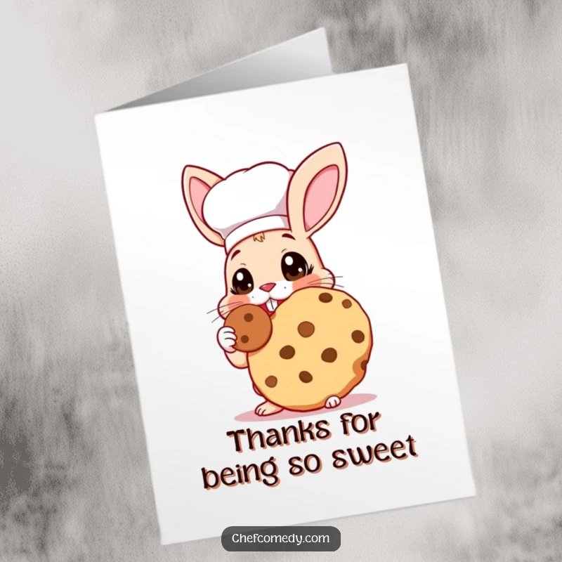 Funny Free Printable Thank You Card: Rabbit chef tasting a giant cookie with wide eyes, a sweet downloadable thank you.