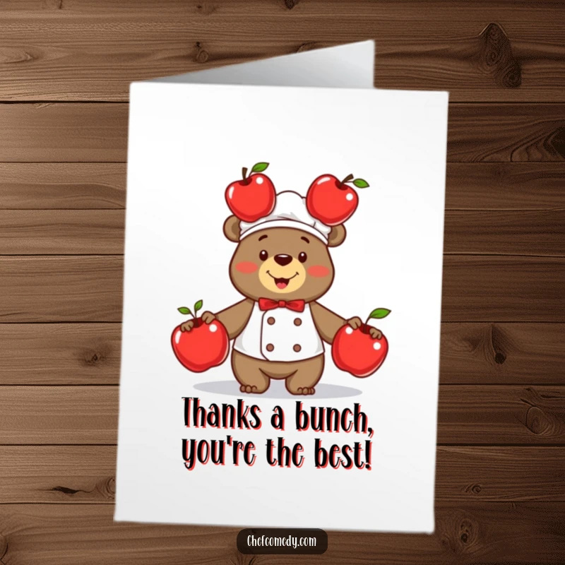 Funny Free Printable Bear Chef Thank You Card: A proud chef bear joyfully juggles shiny red apples.