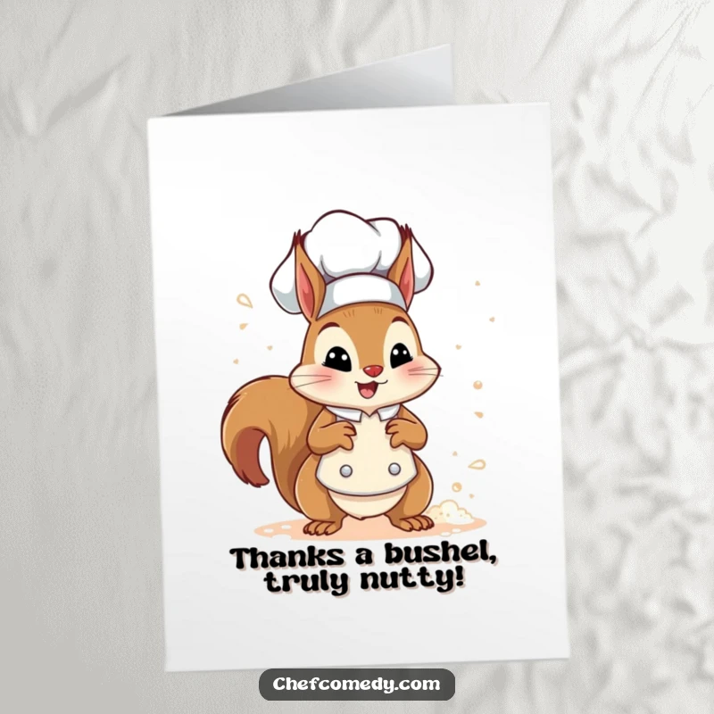 Funny Free Printable Squirrel Chef Card: A grateful squirrel chef shares a puff of flour, thanking you kindly.