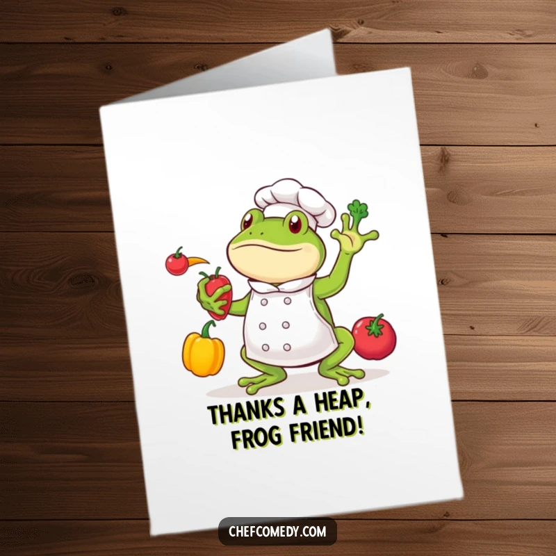 Funny Free Printable Thank You Card: A talented frog chef juggles veggies, expressing thanks with flair.
