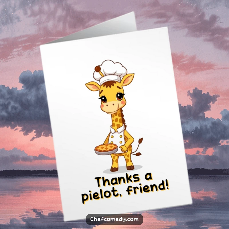 Funny Free Printable Thank You Card: A tall giraffe chef happily holds a pie, a sweet token of gratitude for you.