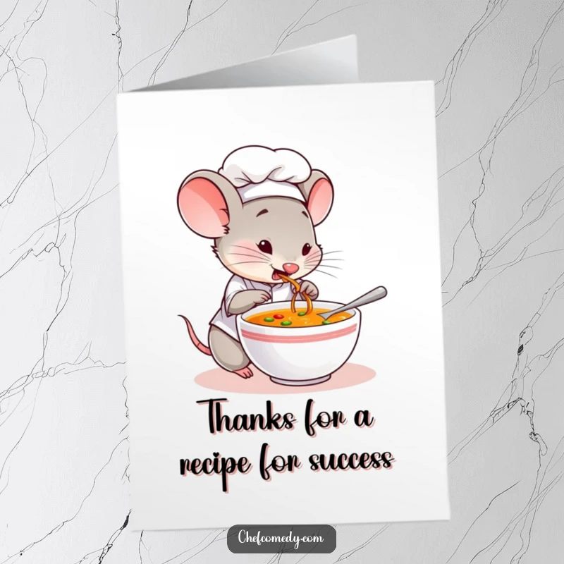 Funny Free Printable Thank You Card: A mouse chef curiously tastes soup, offering thanks with a delightful flavor.