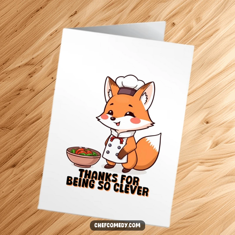 Funny Free Printable Thank You Card: Fox chef proudly presents a steaming dish, a tasty downloadable thank you.