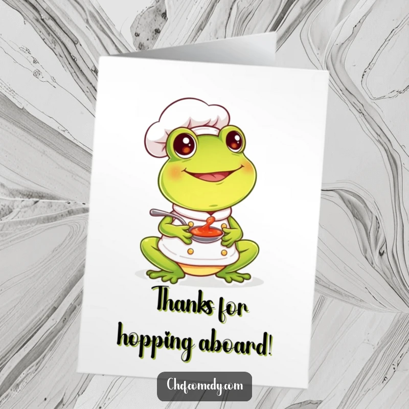 Funny Free Printable Frog Chef Card: A joyful frog chef tastes sauce, sending a happy thank you.