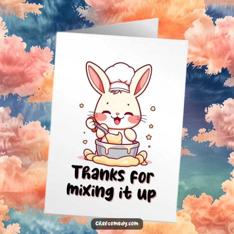 Funny Free Printable Thank You Card: a rabbit chef happily mixing batter, expressing thanks with a smile.