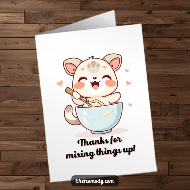 Funny Free Printable Thank You Card: Kawaii animal joyfully whisking batter in a bowl, expressing thanks.