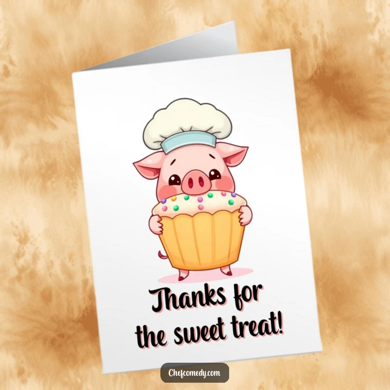 Funny Free Printable Thank You Card: Smiling pig chef proudly presents a giant decorated cupcake, a sweet gesture.