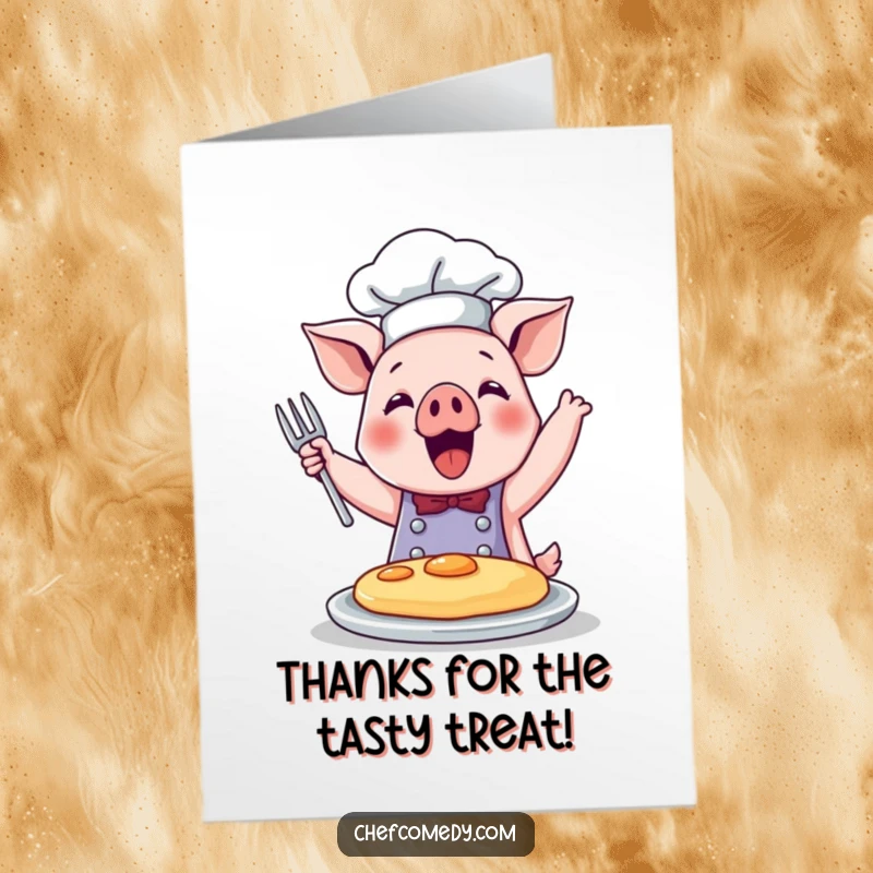 Funny Free Printable Pig Chef Thank You Card: A cute pig chef joyfully flips a pancake with a big smile.