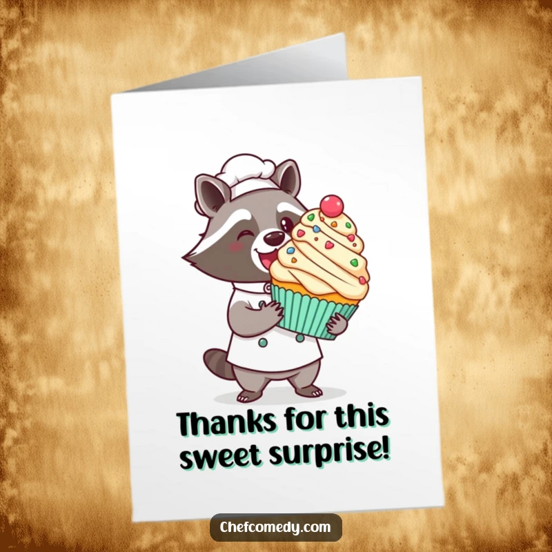 Funny Free Printable Thank You Card: A kawaii raccoon chef proudly presents a giant cupcake with a flourish, showing thanks.
