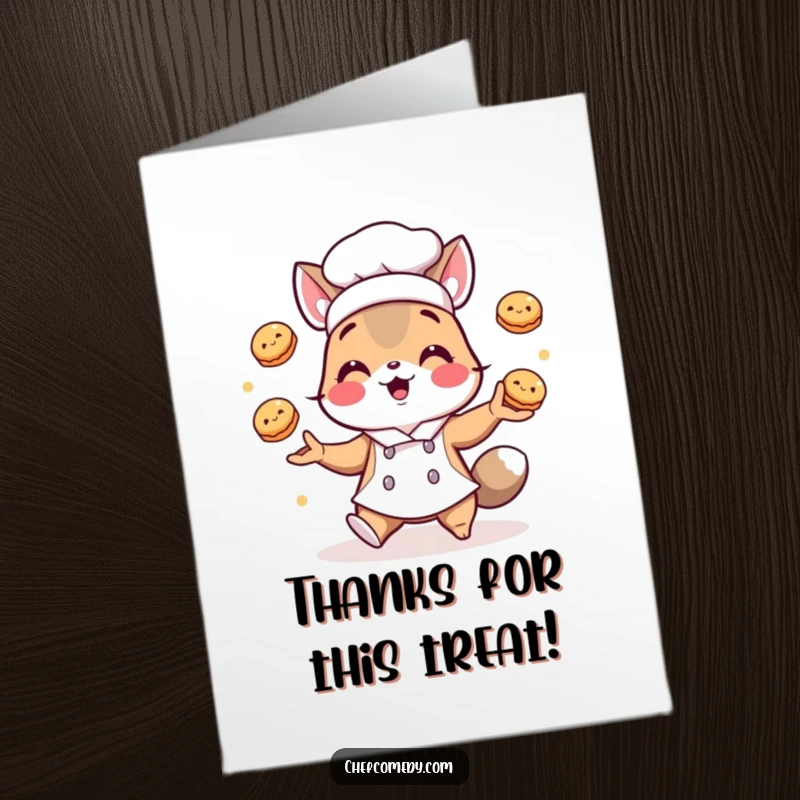 Funny Free Printable Chef Animal Thank You Card: A chef animal juggles pastries, expressing thanks. Sweet downloadable gift.