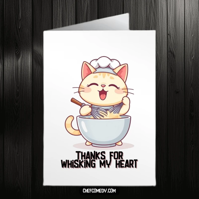 Funny Free Printable Thank You Card: A kawaii cat chef smiling while vigorously whisking a bowl of batter.