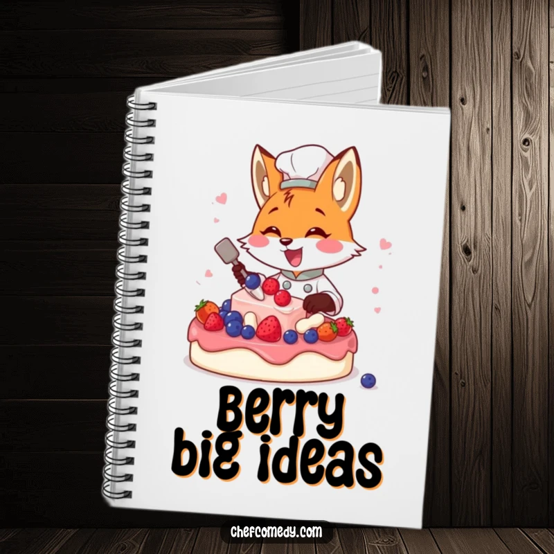 Funny fox chef decorating a cake with berries, a cute and humorous notebook for recipes.