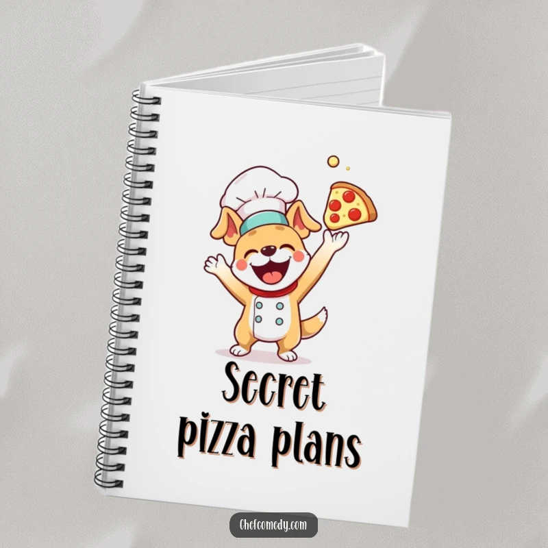 Funny dog chef excitedly tossing pizza dough on a notebook cover, ideal for jotting down recipes and humorous thoughts.