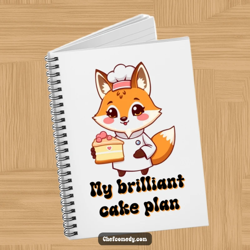Funny notebook with a proud fox chef character presenting a slice of cake, perfect for jotting down recipes with a humorous flair.