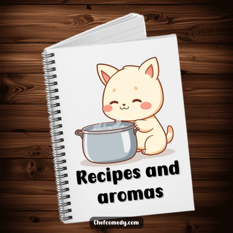Funny Kawaii Animal Notebook, with a happy expression sniffing a steaming pot, perfect for jotting down creative and culinary ideas.