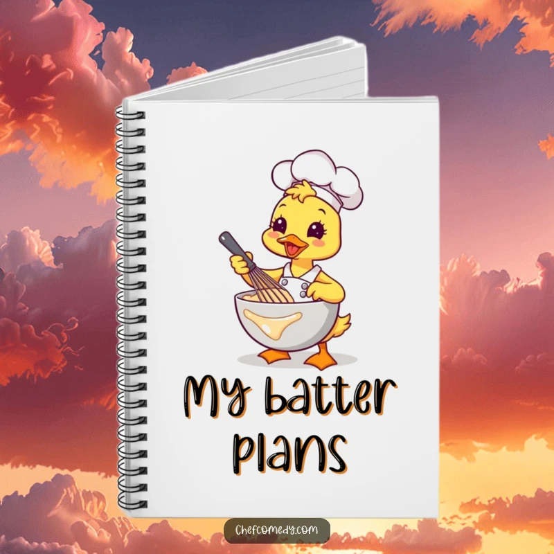 Funny Kawaii Duck Chef Notebook, a cheerful cartoon duck whisking batter, perfect for notes and baking ideas.