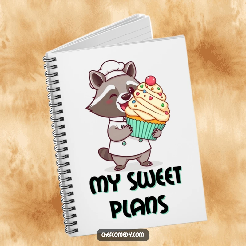 Funny kawaii raccoon chef notebook, a proud raccoon presenting a giant decorated cupcake with a flourish, perfect for recipes.