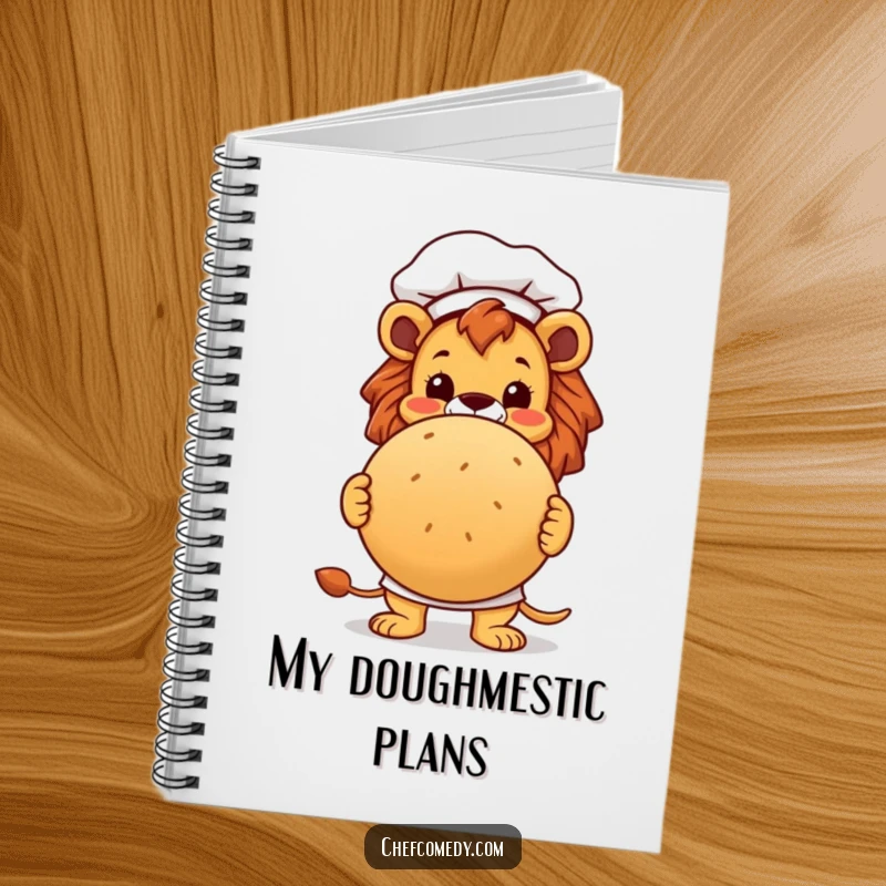 Funny lion chef character proudly presenting a large, round bread loaf on a notebook cover, perfect for recipe writing.