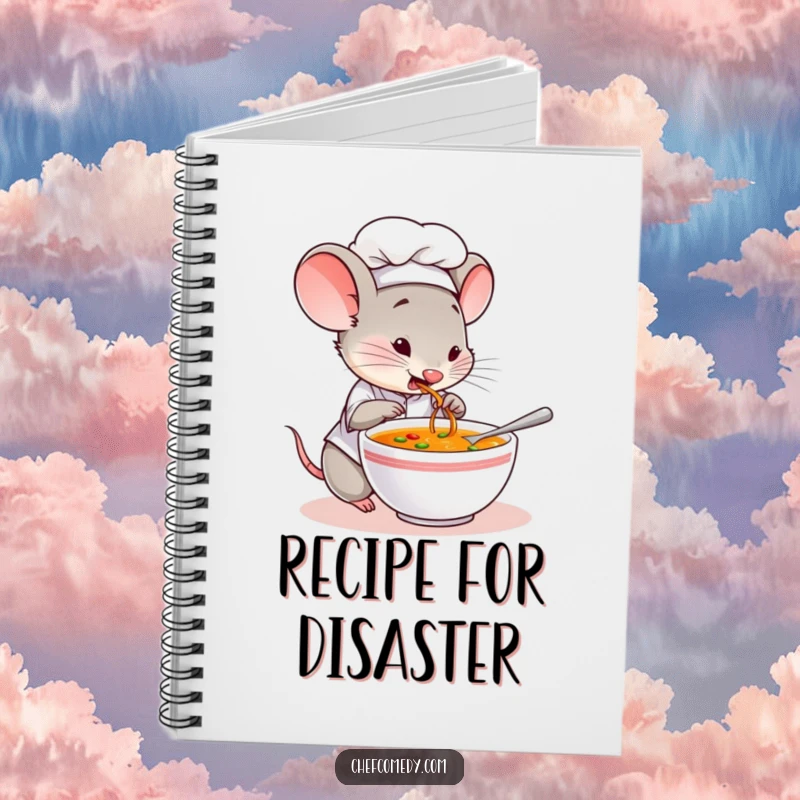 Funny notebook with a mouse chef character curiously tasting soup, ideal for jotting down recipes and food ideas.