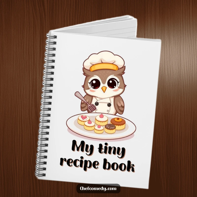 Notebook cover with a funny owl chef illustration, meticulously arranging pastries, perfect for recipe ideas.