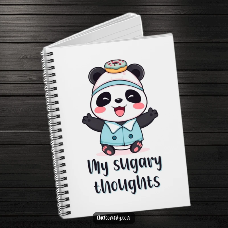 Funny panda chef balancing donuts, perfect for jotting notes in this sweet-themed notebook.