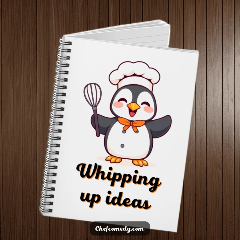 Funny notebook with a cheerful penguin chef character holding a whisk, ideal for jotting down recipes and cooking ideas.