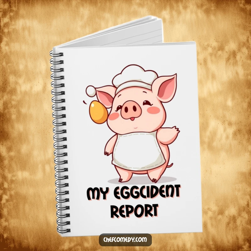 Funny Kawaii Pig Chef Notebook with a tiny apron, showing a surprised pig reacting to a flying egg, for notes.