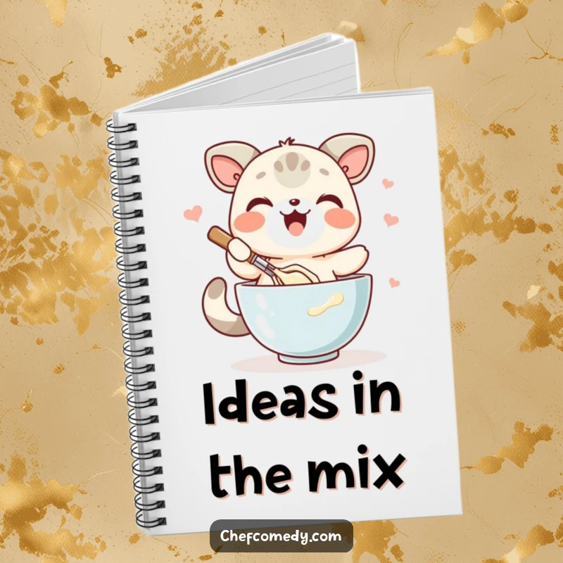 Funny kawaii animal notebook, joyfully whisking batter in a bowl, ready for recipes and baking notes.