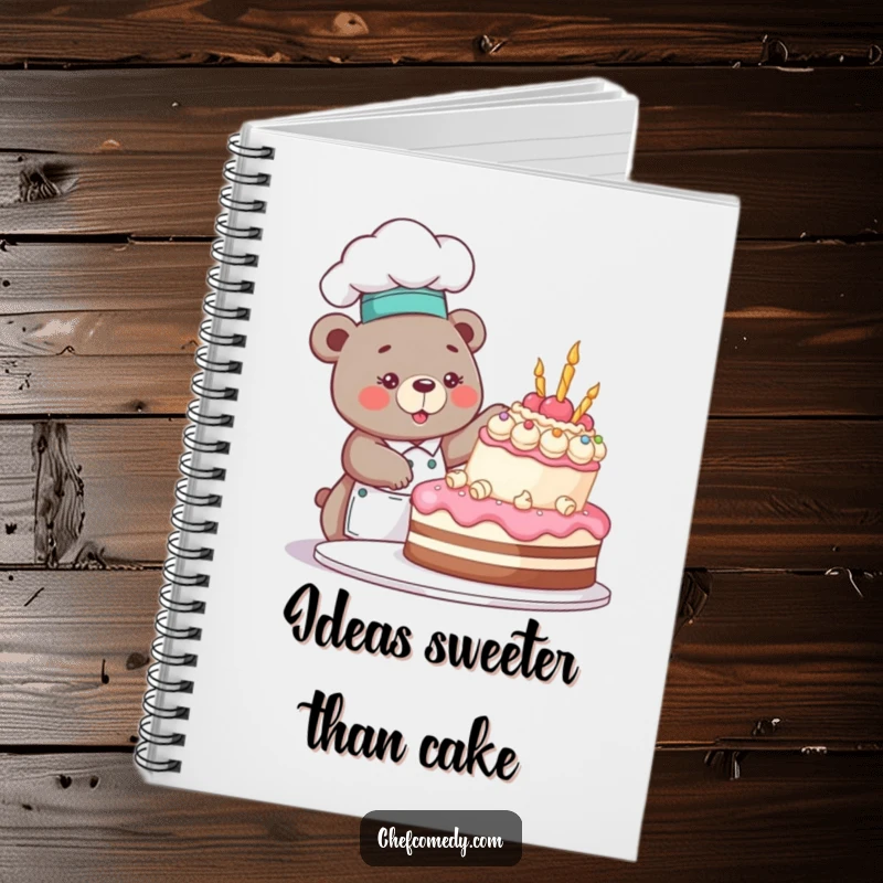 Funny bear chef character meticulously decorating a cake, cover of a notebook, suitable for recipes and creative notes.
