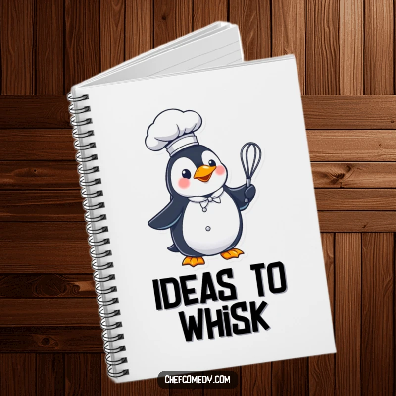 Funny penguin chef wearing a tall hat, holding a whisk, a humorous recipe notebook.