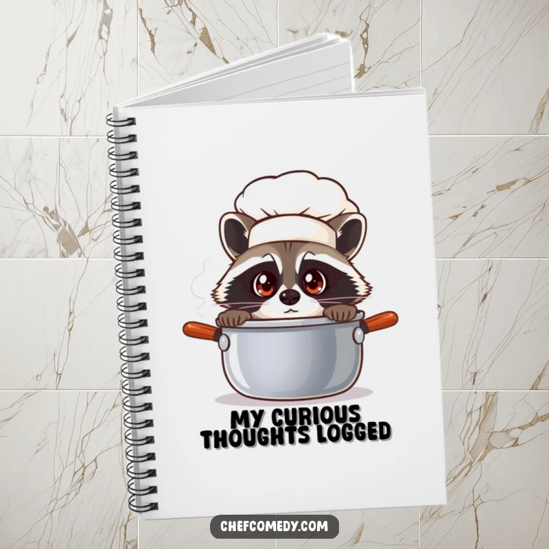 Funny raccoon chef peeking into a pot, perfect for jotting notes in this curiosity-themed notebook.