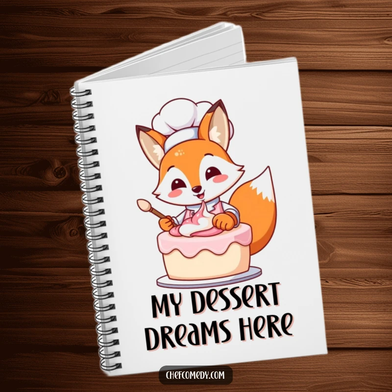 Whimsical fox chef illustration on a notebook cover, perfect for recording recipes with a touch of funny inspiration.