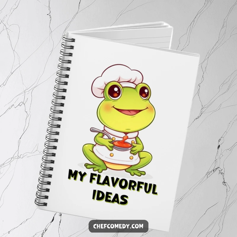 Funny frog chef tasting sauce with a smile, perfect for jotting notes in this joy-themed notebook.