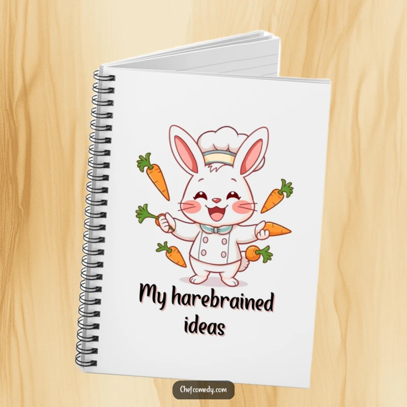Funny rabbit chef character juggling carrots with a wide smile on a notebook cover, perfect for recipe writing.