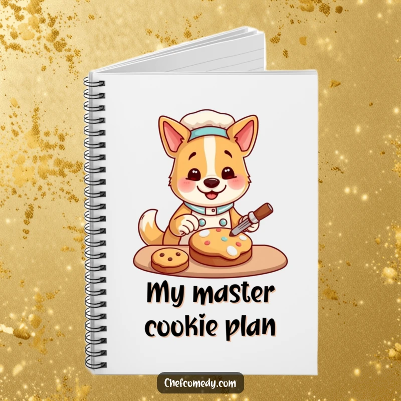 Funny notebook with a happy dog chef character decorating a cookie, perfect for jotting down recipes with a humorous flair.