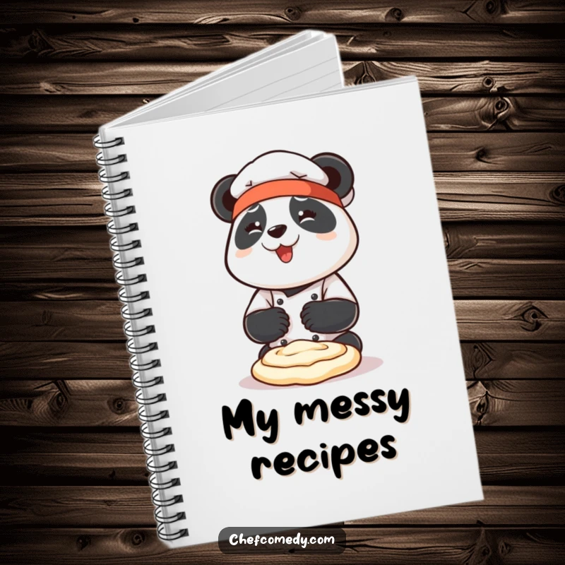 Funny panda chef character enthusiastically kneading dough with both paws on a notebook cover, perfect for recipe writing.