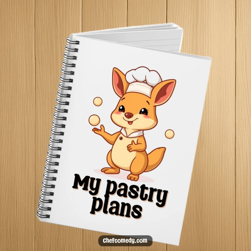 Funny kangaroo chef notebook featuring a marsupial baker juggling dough balls, perfect for recipes and kitchen notes.
