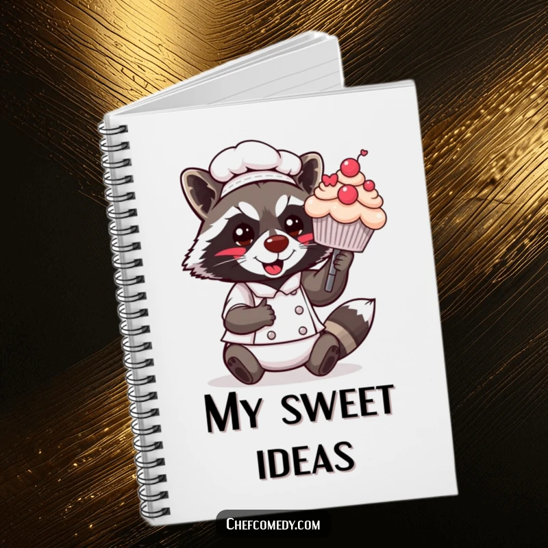 Funny Kawaii Raccoon Chef Notebook: A raccoon chef proudly presents a cupcake, perfect for writing down baking notes and recipe ideas.