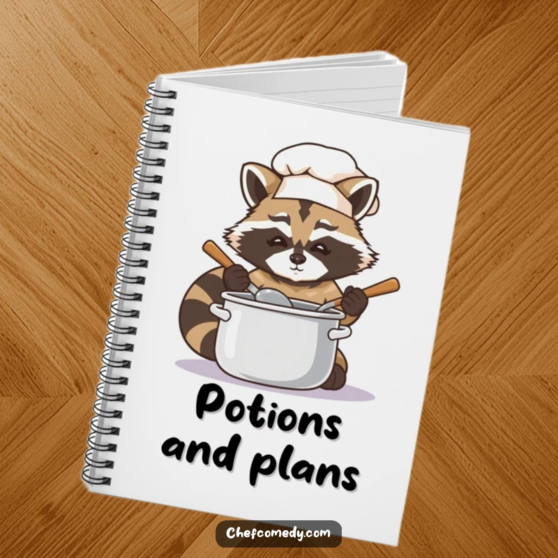 Notebook cover with a funny raccoon chef illustration, stirring a pot, perfect for recording recipes and ideas.