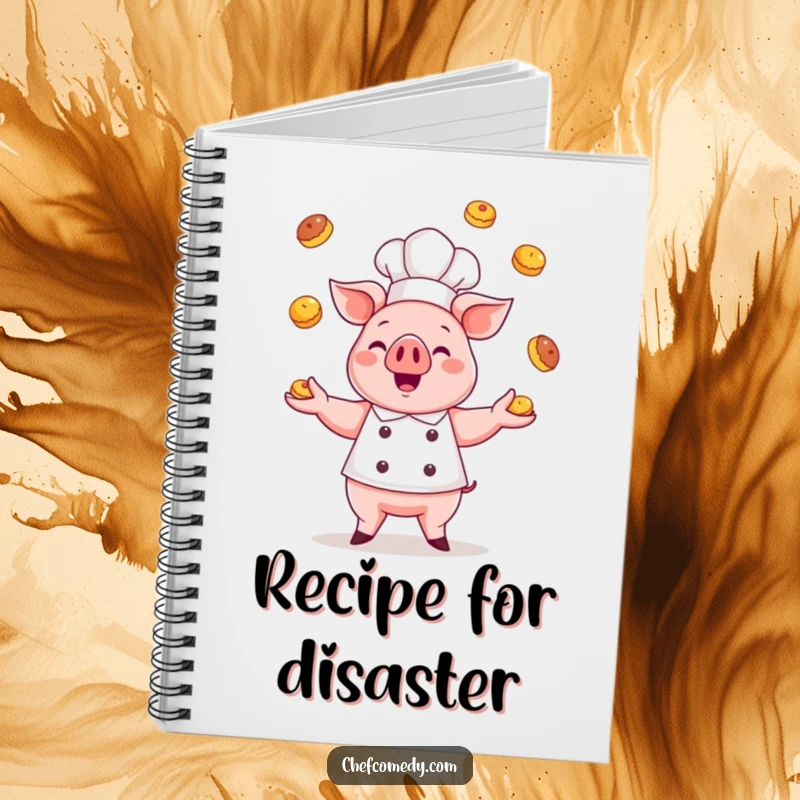 Funny kawaii pig chef notebook, a cute pig chef gleefully juggling pastries, perfect for jotting down recipes with a dash of fun.