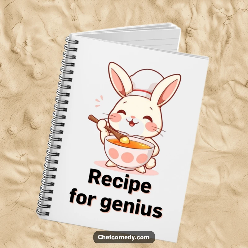 Funny rabbit chef tasting soup with a spoon, a look of delight, a humorous recipe notebook.