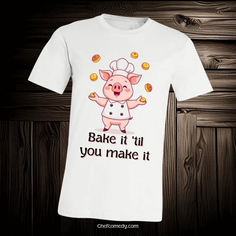 Funny kawaii pig chef t-shirt, a cute pig wearing a chef's hat, joyfully juggling an assortment of tiny, delectable pastries.