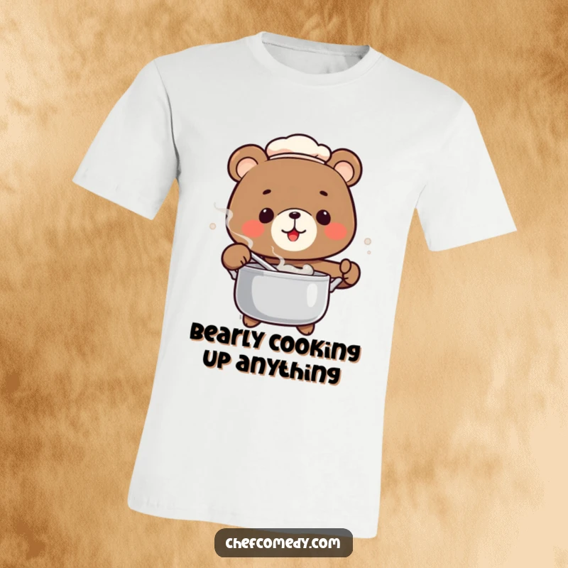 Funny Bear Chef T-Shirt showing a bear chef happily stirring a pot, ideal for a humorous food lover gift.