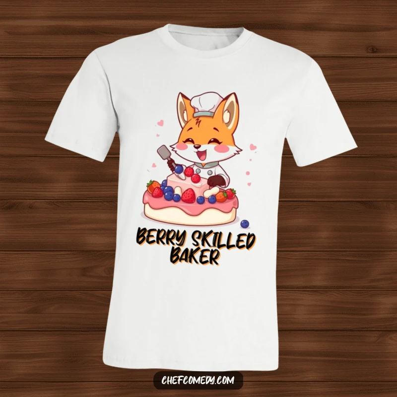 Funny fox chef adorably decorating a cake with red berries, a humorous culinary design.