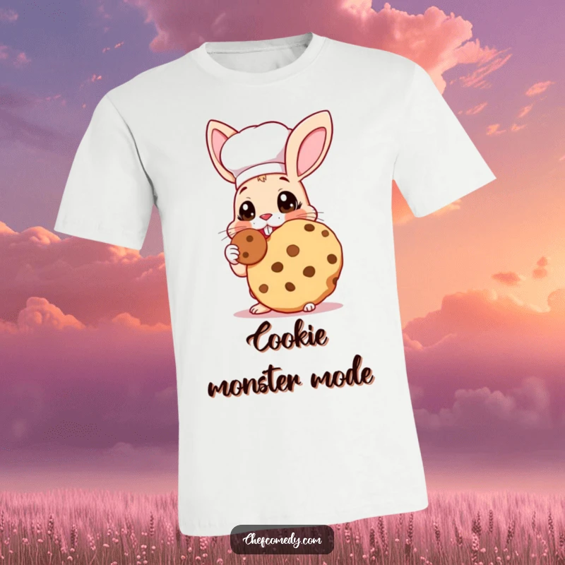Funny Rabbit Chef T-Shirt: A rabbit chef with eyes wide with joy happily tastes a giant cookie, a design for dessert lovers.