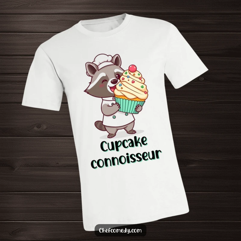 Funny kawaii raccoon chef t-shirt, a proud raccoon presenting a giant decorated cupcake with a flourish, baking excellence.